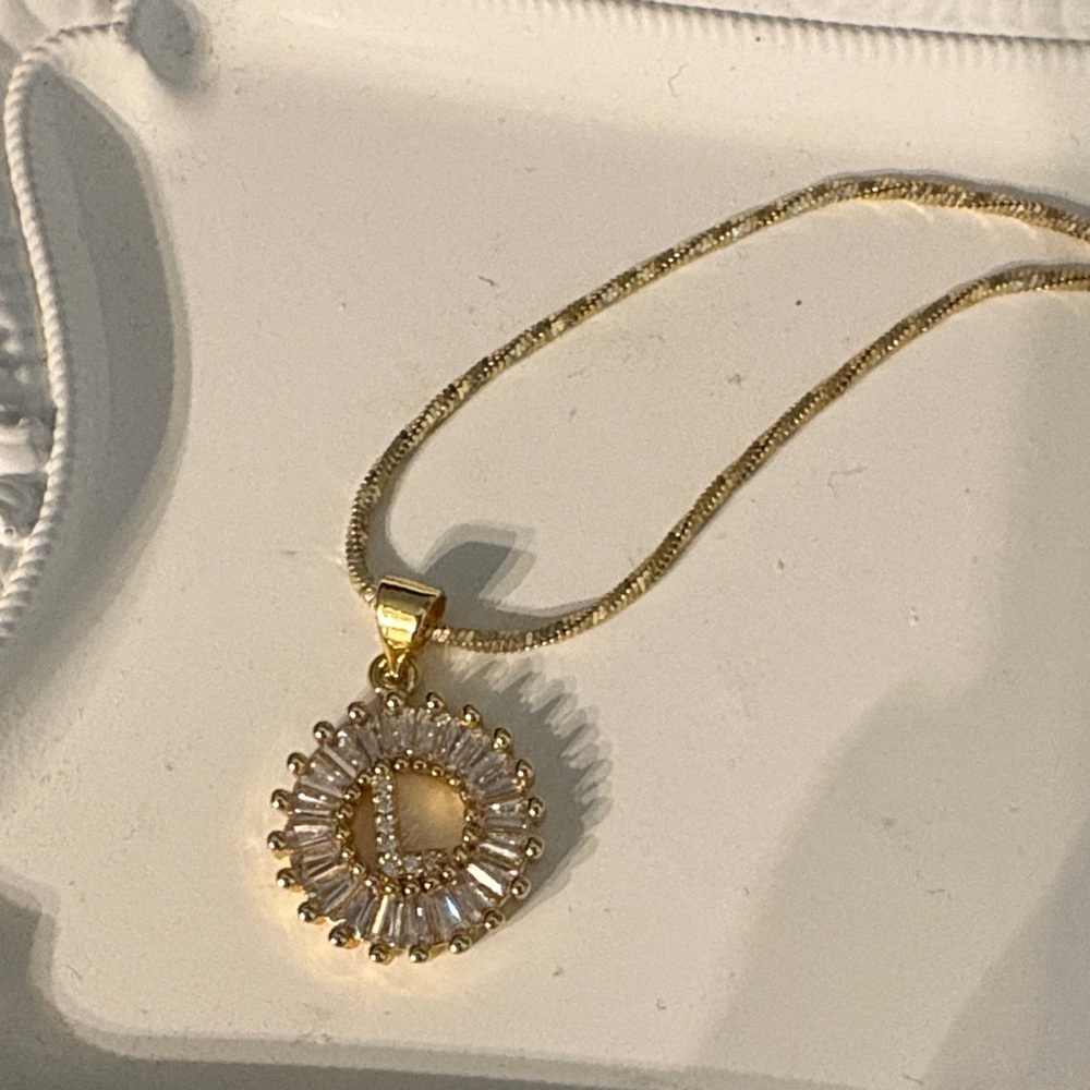 Elegant ‘L’ Initial Crystal Baguettes Goldtone Pendant & Twist Chain Necklace